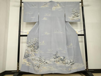平和屋着物●訪問着　友禅　駒刺繍　風景松文　金彩　正絹　逸品　AABH9992ck