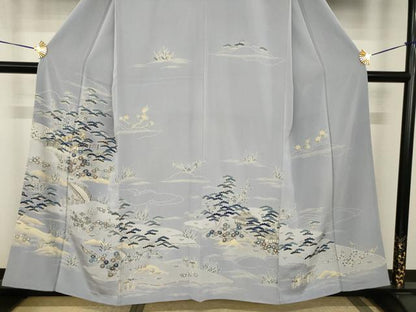 平和屋着物●訪問着　友禅　駒刺繍　風景松文　金彩　正絹　逸品　AABH9992ck
