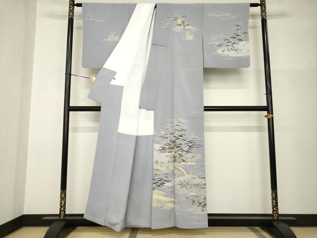 平和屋着物●訪問着　友禅　駒刺繍　風景松文　金彩　正絹　逸品　AABH9992ck