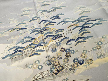 平和屋着物●訪問着　友禅　駒刺繍　風景松文　金彩　正絹　逸品　AABH9992ck