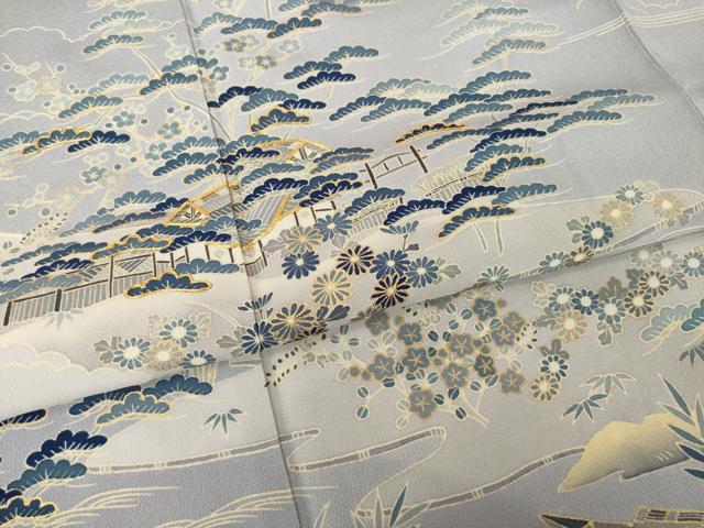 平和屋着物●訪問着　友禅　駒刺繍　風景松文　金彩　正絹　逸品　AABH9992ck