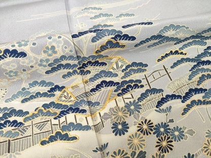 平和屋着物●訪問着　友禅　駒刺繍　風景松文　金彩　正絹　逸品　AABH9992ck