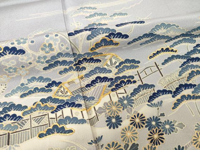 平和屋着物●訪問着　友禅　駒刺繍　風景松文　金彩　正絹　逸品　AABH9992ck