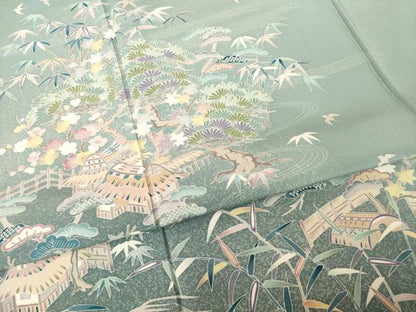 平和屋着物●豪華色留袖　友禅　作家物　風景松文　千鳥　正絹　逸品　AABH9995ck