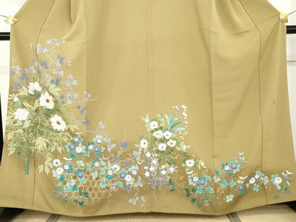 平和屋着物●訪問着　作家物　手描き　草花文　暈し染め　金彩　正絹　逸品　AABI0007cs