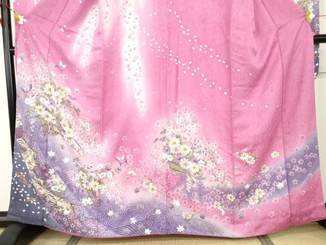 平和屋着物●豪華振袖　刺繍　花車舞蝶文　暈し染め　金糸　金彩　正絹　逸品　AABI0008cs