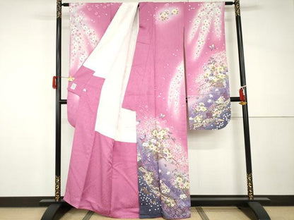 平和屋着物●豪華振袖　刺繍　花車舞蝶文　暈し染め　金糸　金彩　正絹　逸品　AABI0008cs