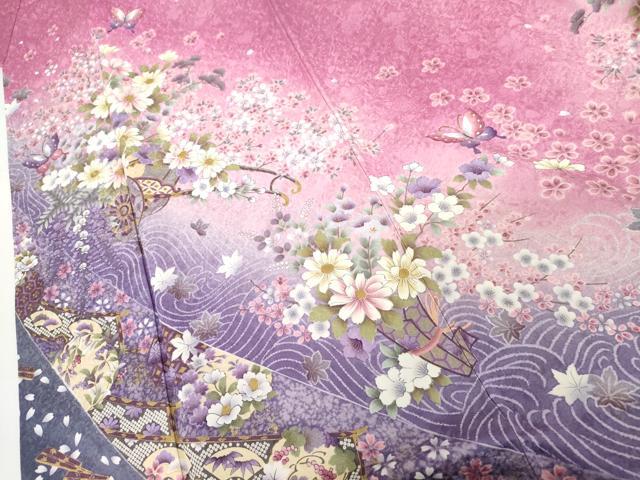平和屋着物●豪華振袖　刺繍　花車舞蝶文　暈し染め　金糸　金彩　正絹　逸品　AABI0008cs