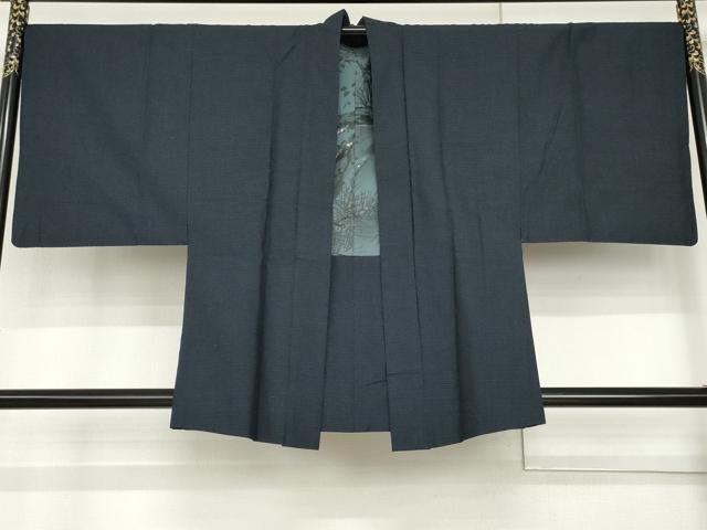 平和屋着物●男性　紬　アンサンブル・長襦袢(袷)セット　格子　羽裏：雀　正絹　逸品　AABI0010cs