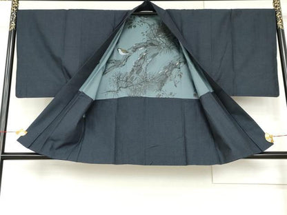 平和屋着物●男性　紬　アンサンブル・長襦袢(袷)セット　格子　羽裏：雀　正絹　逸品　AABI0010cs