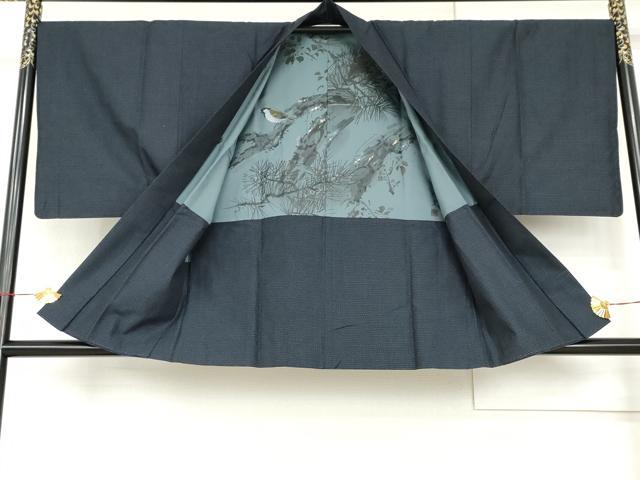 平和屋着物●男性　紬　アンサンブル・長襦袢(袷)セット　格子　羽裏：雀　正絹　逸品　AABI0010cs
