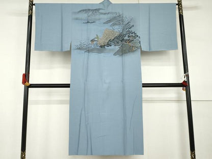 平和屋着物●男性　紬　アンサンブル・長襦袢(袷)セット　格子　羽裏：雀　正絹　逸品　AABI0010cs