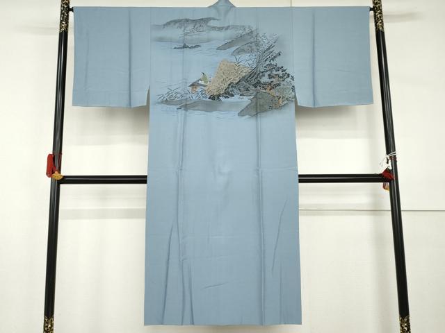 平和屋着物●男性　紬　アンサンブル・長襦袢(袷)セット　格子　羽裏：雀　正絹　逸品　AABI0010cs