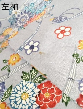 平和屋着物●民芸小紋紅型　小紋　花蝶文　反端付き　正絹　逸品　AABI0014cs
