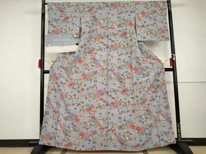 平和屋着物●民芸小紋紅型　小紋　花蝶文　反端付き　正絹　逸品　AABI0014cs