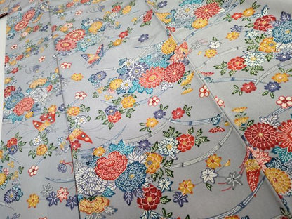 平和屋着物●民芸小紋紅型　小紋　花蝶文　反端付き　正絹　逸品　AABI0014cs