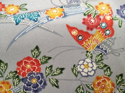 平和屋着物●民芸小紋紅型　小紋　花蝶文　反端付き　正絹　逸品　AABI0014cs