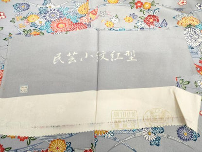 平和屋着物●民芸小紋紅型　小紋　花蝶文　反端付き　正絹　逸品　AABI0014cs