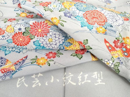 平和屋着物●民芸小紋紅型　小紋　花蝶文　反端付き　正絹　逸品　AABI0014cs