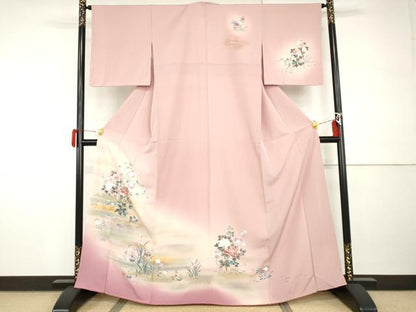 平和屋着物●訪問着　友禅　枝花文　暈し染め　正絹　逸品　AABI0015cs