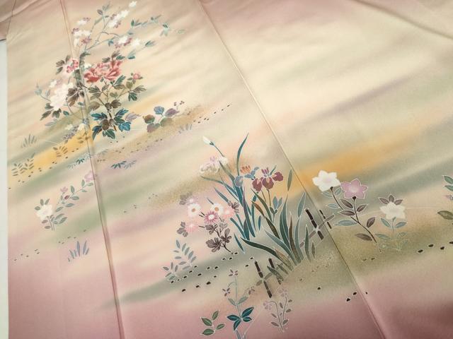 平和屋着物●訪問着　友禅　枝花文　暈し染め　正絹　逸品　AABI0015cs