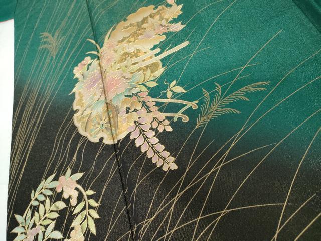 平和屋着物●豪華振袖　雪輪花車文　暈し染め　金彩　金通し地　正絹　逸品　AABI0017cs