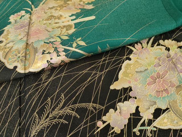 平和屋着物●豪華振袖　雪輪花車文　暈し染め　金彩　金通し地　正絹　逸品　AABI0017cs