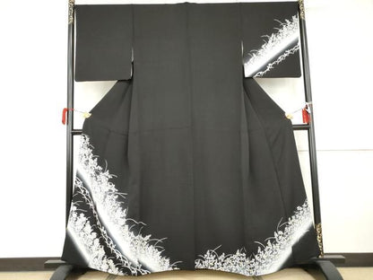 平和屋着物●訪問着　草花文　暈し染め　黒地　正絹　逸品　AABI0020cs