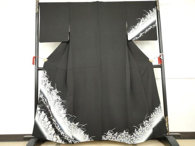 平和屋着物●訪問着　草花文　暈し染め　黒地　正絹　逸品　AABI0020cs