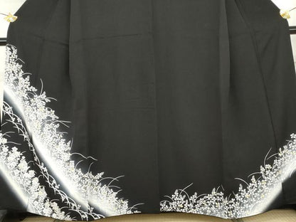 平和屋着物●訪問着　草花文　暈し染め　黒地　正絹　逸品　AABI0020cs