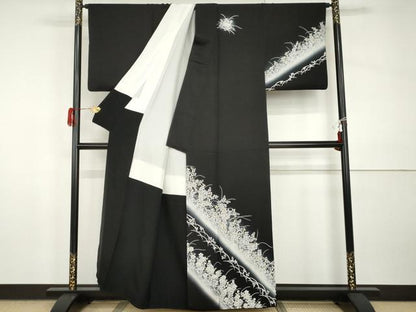 平和屋着物●訪問着　草花文　暈し染め　黒地　正絹　逸品　AABI0020cs