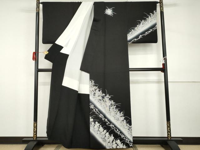 平和屋着物●訪問着　草花文　暈し染め　黒地　正絹　逸品　AABI0020cs