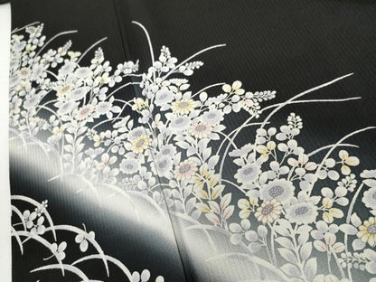 平和屋着物●訪問着　草花文　暈し染め　黒地　正絹　逸品　AABI0020cs
