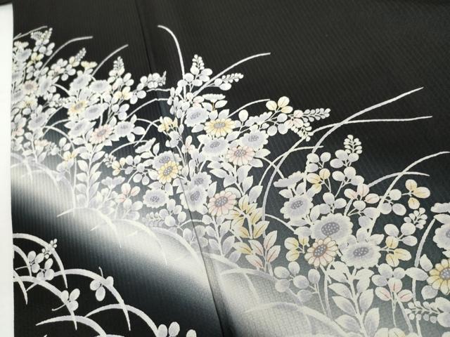 平和屋着物●訪問着　草花文　暈し染め　黒地　正絹　逸品　AABI0020cs