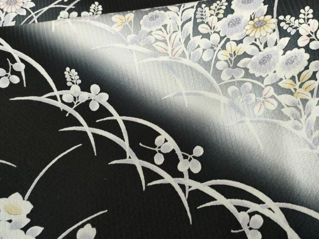 平和屋着物○訪問着 草花文 暈し染め 黒地 正絹 逸品 AABI0020cs