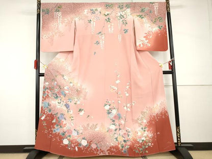 平和屋着物●訪問着　友禅　枝花文　枝葉シルエット　暈し染め　正絹　逸品　AABI0026cs