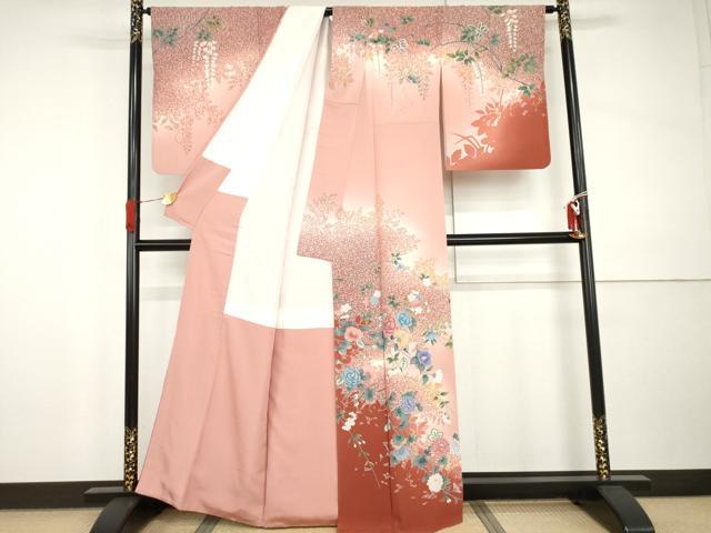 平和屋着物●訪問着　友禅　枝花文　枝葉シルエット　暈し染め　正絹　逸品　AABI0026cs