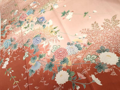 平和屋着物●訪問着　友禅　枝花文　枝葉シルエット　暈し染め　正絹　逸品　AABI0026cs