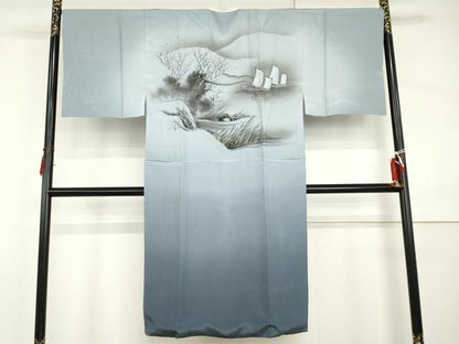平和屋着物●男性　長襦袢　袷　手描き　帆掛け船　暈し染め　正絹　逸品　AABI0029cs