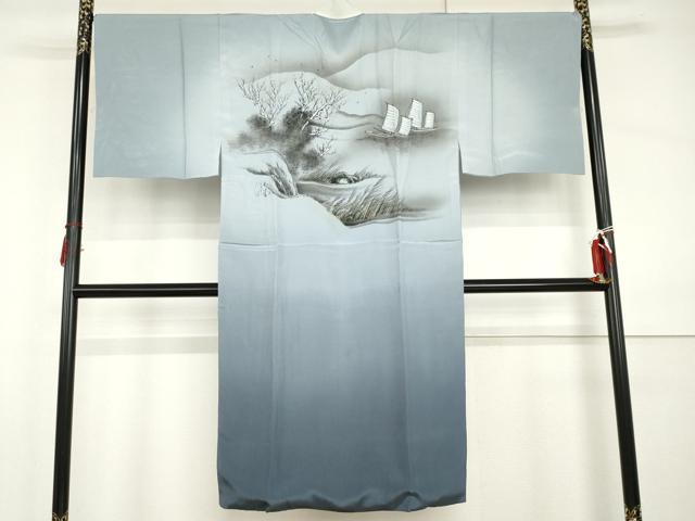 平和屋着物●男性　長襦袢　袷　手描き　帆掛け船　暈し染め　正絹　逸品　AABI0029cs