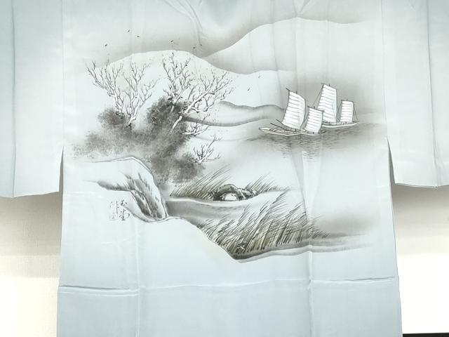 平和屋着物●男性　長襦袢　袷　手描き　帆掛け船　暈し染め　正絹　逸品　AABI0029cs