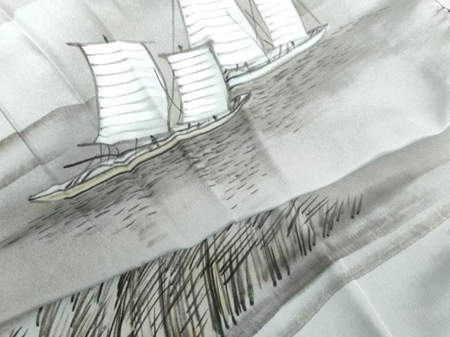平和屋着物●男性　長襦袢　袷　手描き　帆掛け船　暈し染め　正絹　逸品　AABI0029cs