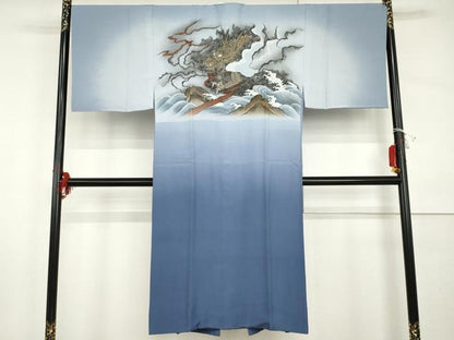平和屋着物●男性　長襦袢　袷　手描き　立波に龍　暈し染め　金彩　正絹　逸品　AABI0036cs