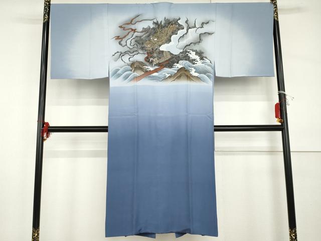 平和屋着物●男性　長襦袢　袷　手描き　立波に龍　暈し染め　金彩　正絹　逸品　AABI0036cs