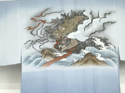 平和屋着物●男性　長襦袢　袷　手描き　立波に龍　暈し染め　金彩　正絹　逸品　AABI0036cs