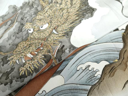平和屋着物●男性　長襦袢　袷　手描き　立波に龍　暈し染め　金彩　正絹　逸品　AABI0036cs