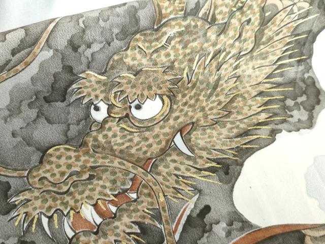 平和屋着物●男性　長襦袢　袷　手描き　立波に龍　暈し染め　金彩　正絹　逸品　AABI0036cs