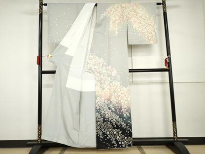 平和屋着物●訪問着　舞桜文　暈し染め　銀通し地　正絹　逸品　未使用　AABI0043cs