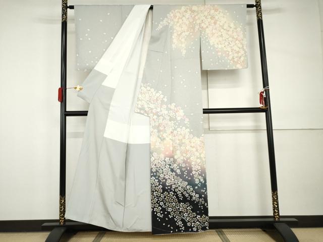 平和屋着物●訪問着　舞桜文　暈し染め　銀通し地　正絹　逸品　未使用　AABI0043cs