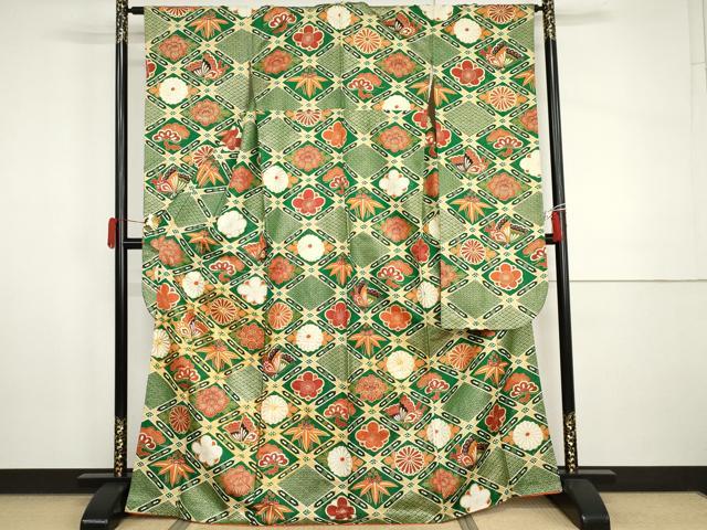 平和屋着物●豪華振袖　駒刺繍　松竹梅　花蝶文　金彩　金通し地　正絹　逸品　AABI0048cs
